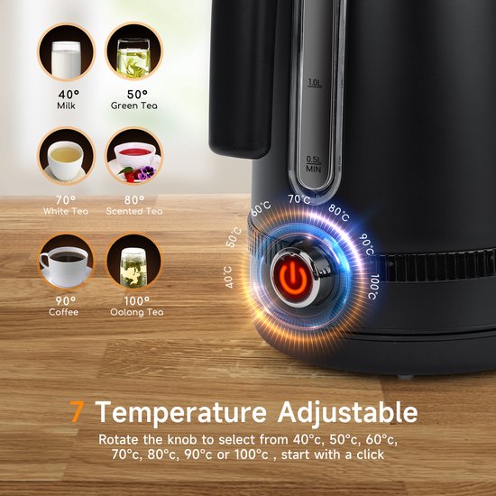 Aigostar Loki 30UGR - Elektrische Waterkoker met temperatuursregeling - Retro - Instelbare Temperatuur - RVS - 1.7L - Zwart