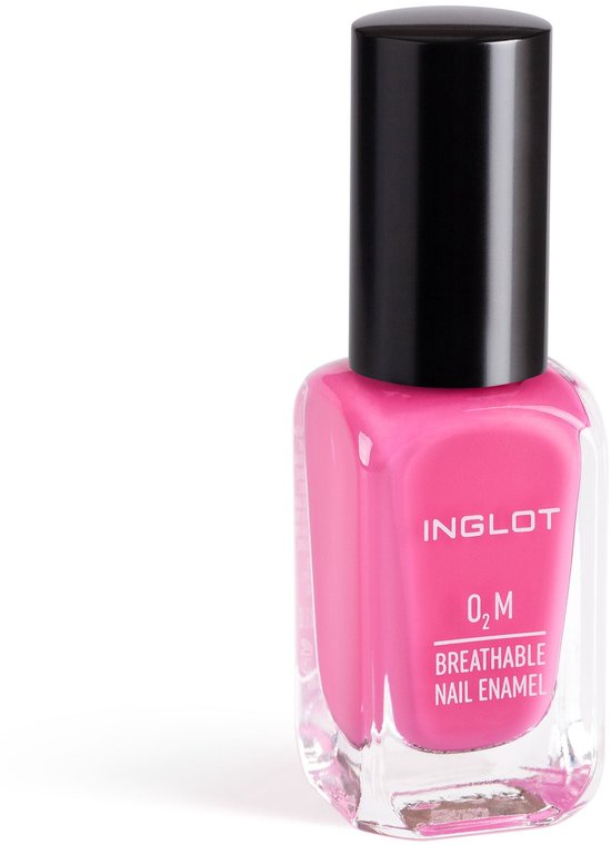 Flesje Inglot O2M ademende nagellak in felroze kleur met zwarte dop.