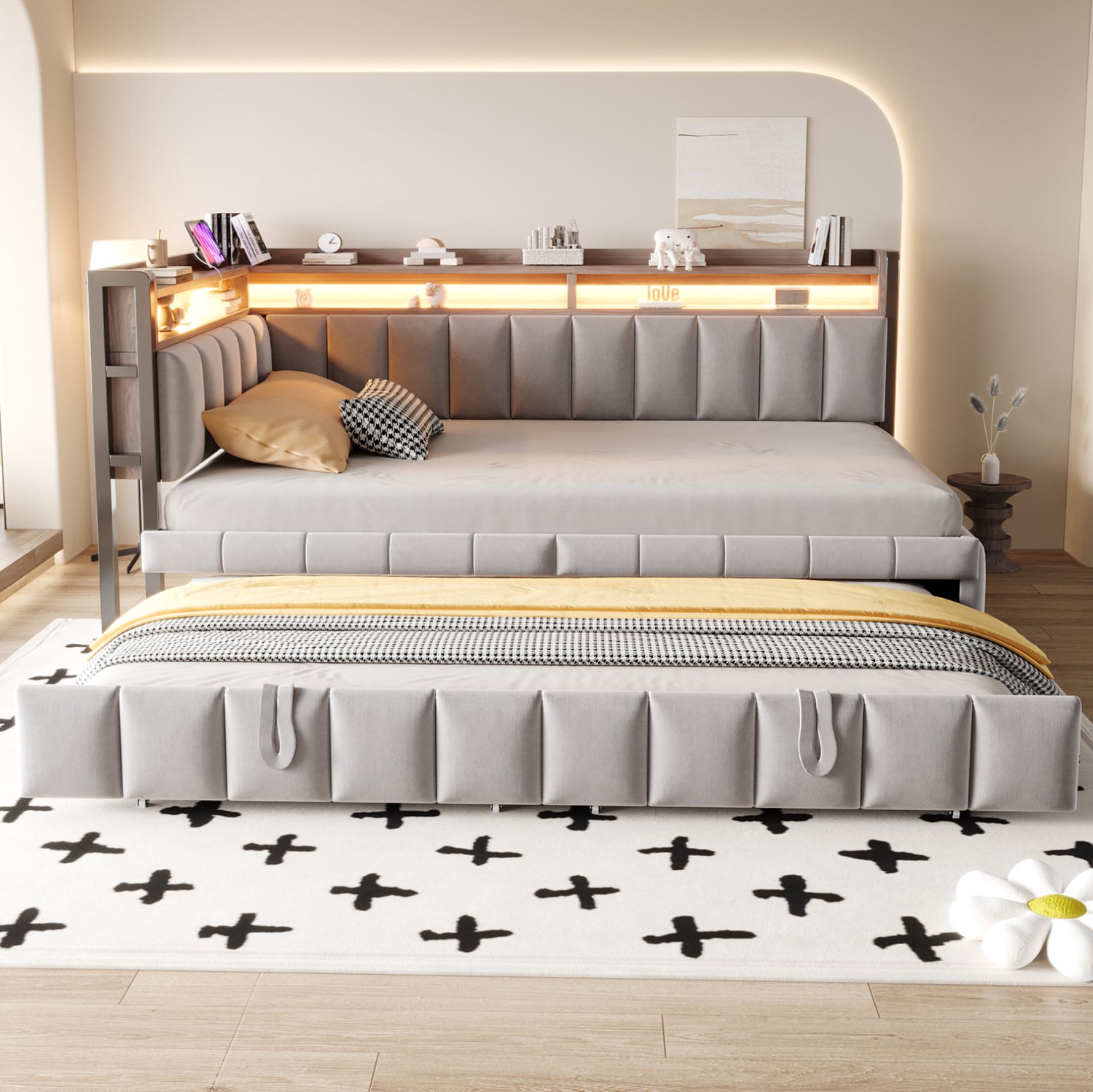 WUVRIE Slaapbank 90x200 cm - Uitschuifbed, LED, USB en Type-C - Lichtgrijs