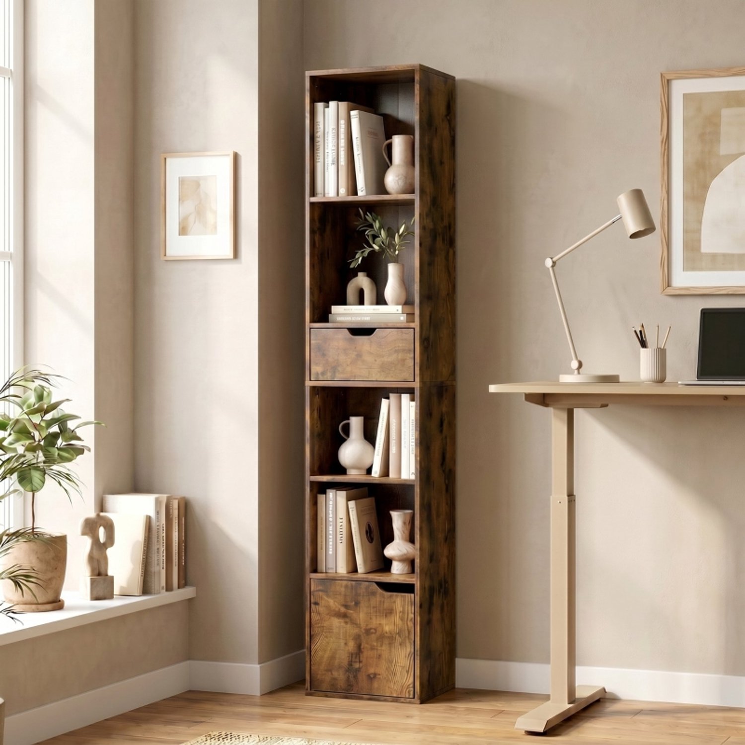 MODFU Boekenkast Met 6 Niveaus, Lade En Deur - Verstelbaar - Rustiek Bruin - 30 X 24 X 158 Cm