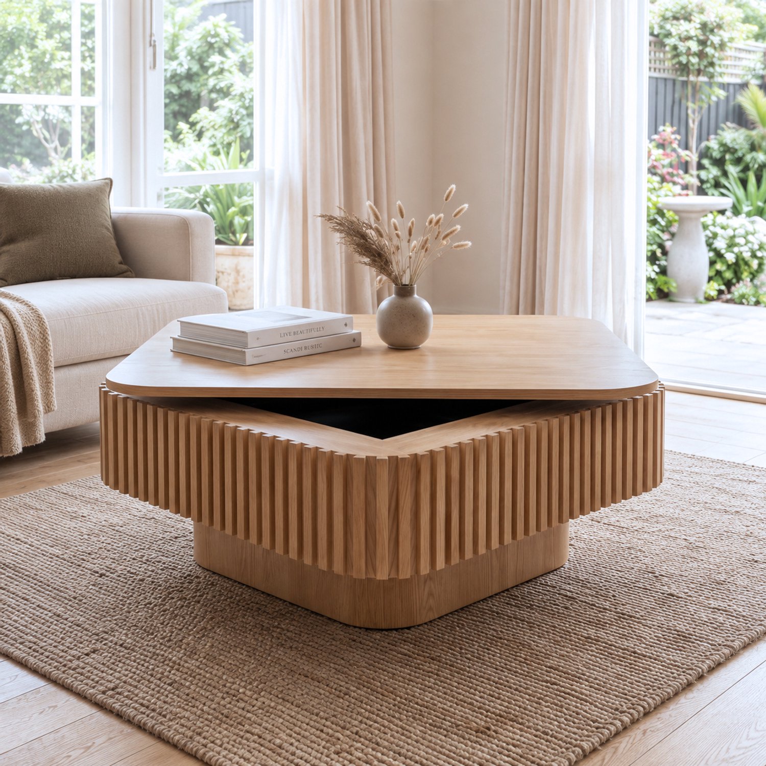 FloraGrace Salontafel - Verborgen Opbergruimte Met Afneembaar Blad - Voor Woonkamer En Kantoor - MDF Met Houtfineer - 75x75x35 Cm - Natuurlijk Hout
