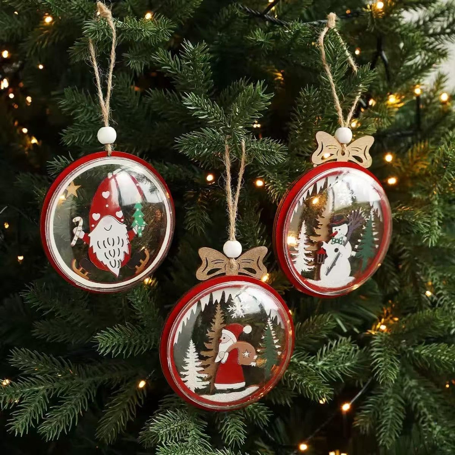 3-delige set kerstboomornamenten, rond ontwerp met kerstman en kabouter, decoratieve kersthangers, rood en wit