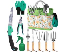 Tuingereedschapset voor dames - 10-delige robuuste roestvrijstalen tuingereedschapskit met ergonomische antislip handgreep en stijlvolle opbergtas, ideale tuincadeaus voor moeder, oma, tuinders