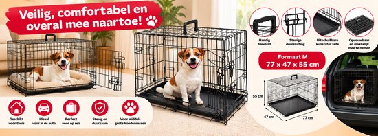 Cage pliable pour chien (taille M, 77x47x55cm) avec poignée, tiroir coulissant et Jack Russell à la maison et en voiture.
