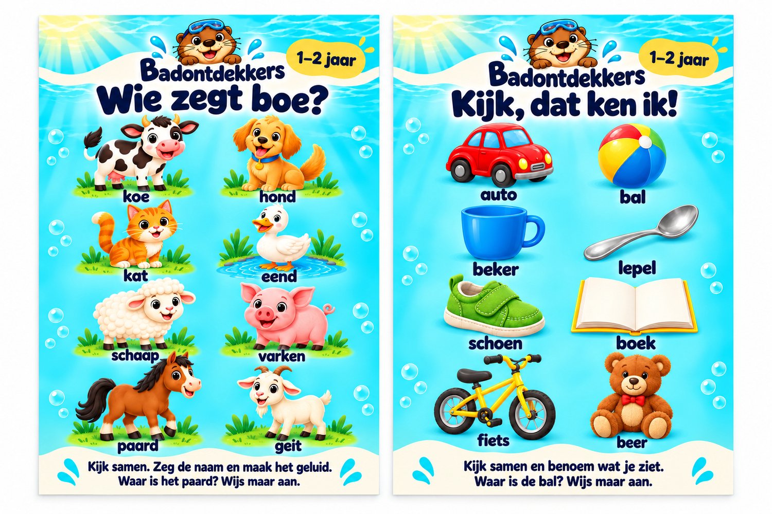 Badontdekkers educatieve Badposter set van 2 - Eerste woordjes – 1–2 jaar - A3 - Herplakbaar Multi colour