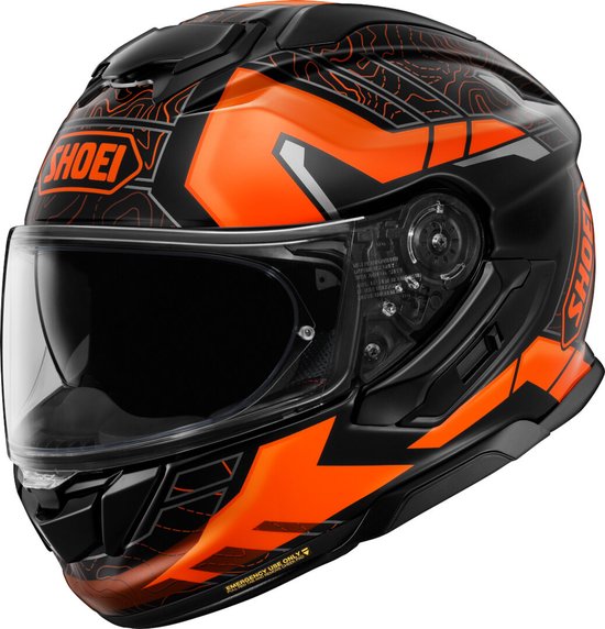 Zwarte Shoei GT-Air 3 integraalhelm met oranje topografische lijnen en Shoei-logo.
