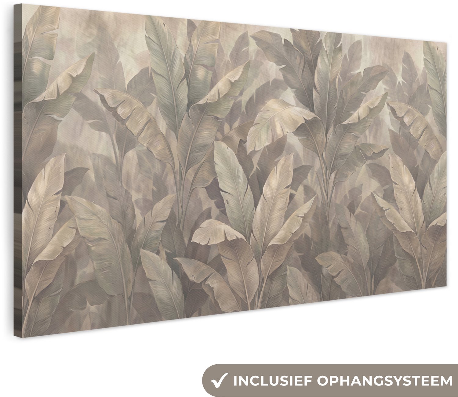 Canvas schilderij 300x140 cm - Exclusieve wanddecoratie Bladeren - Tropisch - Natuur - Modern - Beige - Muurdecoratie woonkamer - Slaapkamer decoratie - Kamer accessoires - Schilderijen op canvas