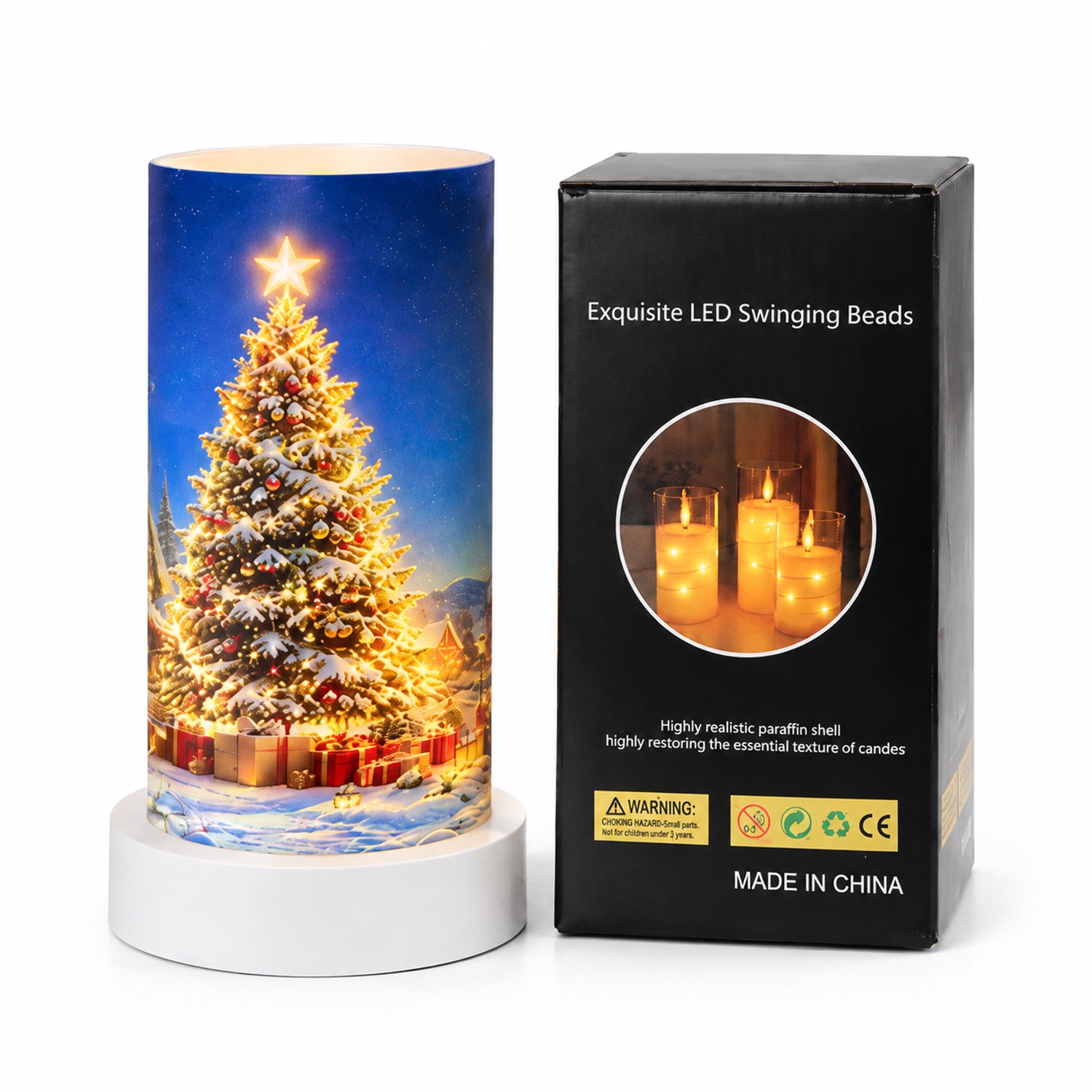 led kaarsen - 1 kerstkaars met blauwe kerstboomprint, 7,5 x 15 cm, zonder batterijen, in doos