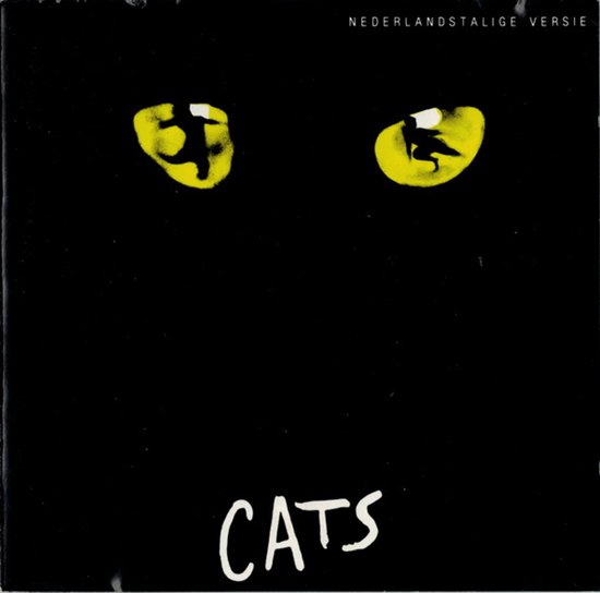 Zwarte hoes van de musical Cats met twee gele kattenogen waarin silhouetten dansen. Tekst: 'Nederlandstalige versie'.