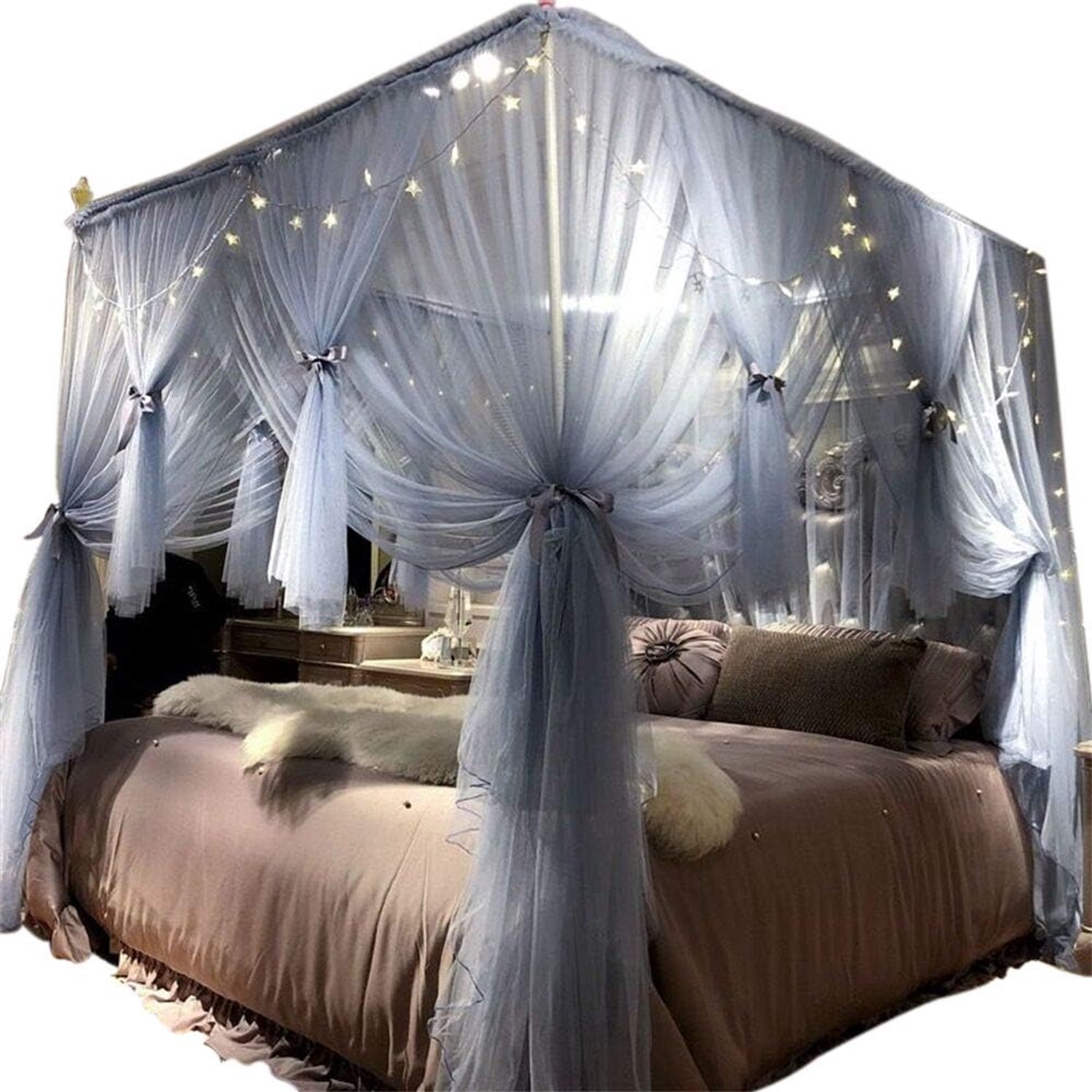 4 Hoeken Post Luifel Bed Gordijn voor Meisjes & Volwassenen - Koninklijke Luxe Gezellige Gordijn Netting - 3 Opening Klamboe - Leuke Prinses Slaapkamer Decoratie (Grijs-Blauw, 150 cm B x 78"