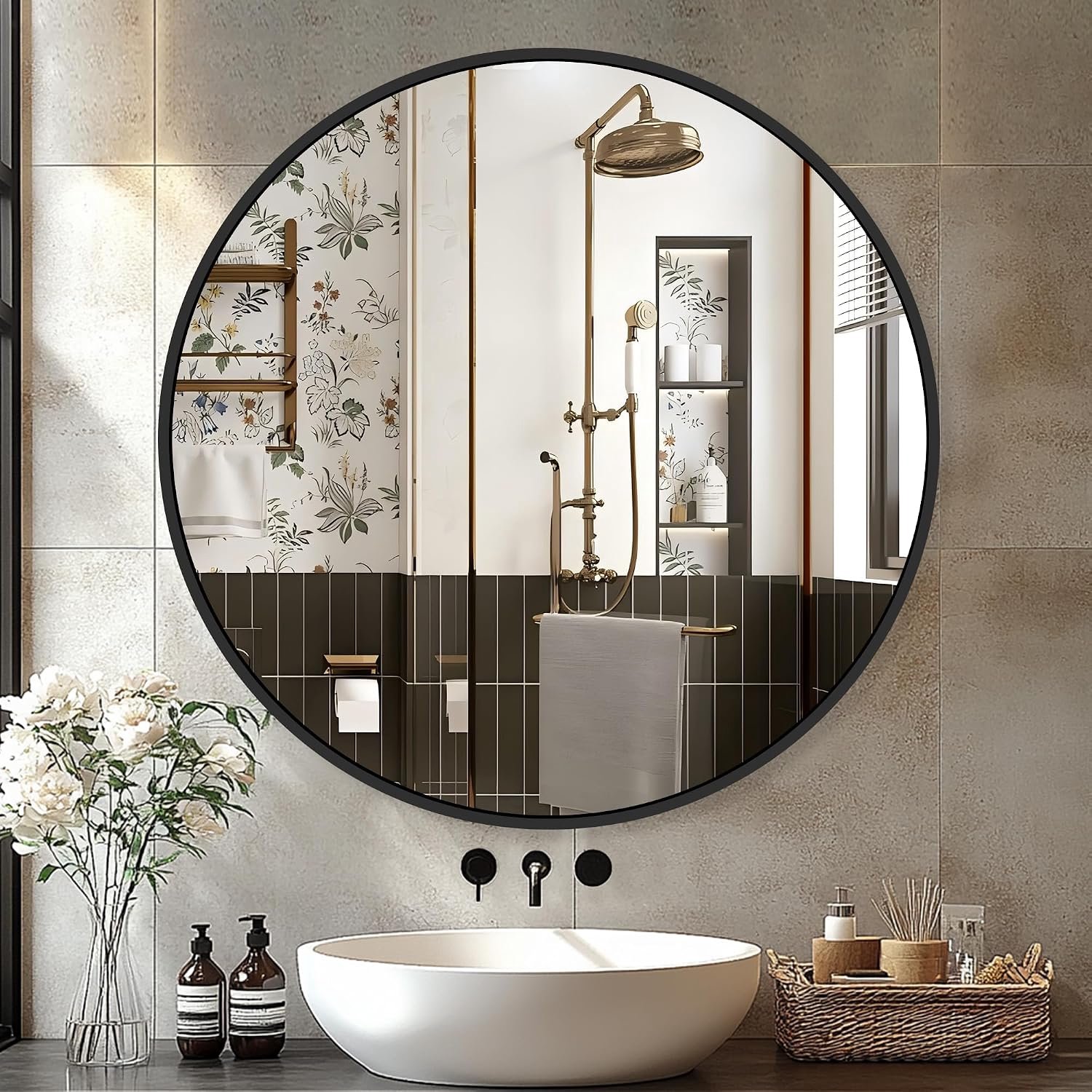 Spiegel met zwart frame, badkamerspiegels voor muur, 66 cm, ronde cirkelspiegel voor entree, slaapkamer, ijdelheid (66 cm, zwart)