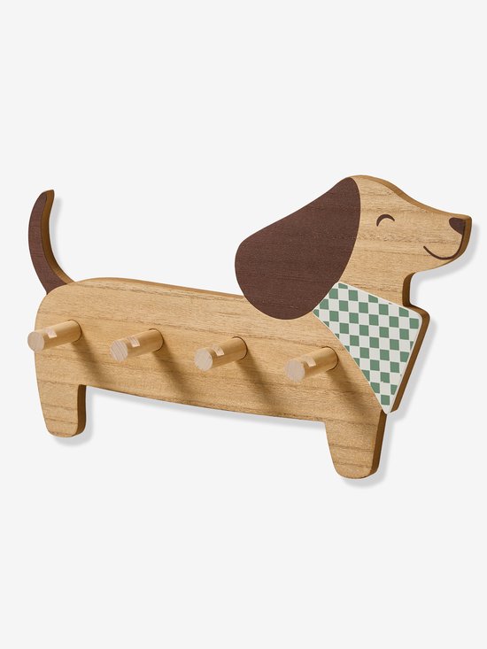 Houten teckel kapstok met vier haken, bruine oren en groene ruitjes bandana.