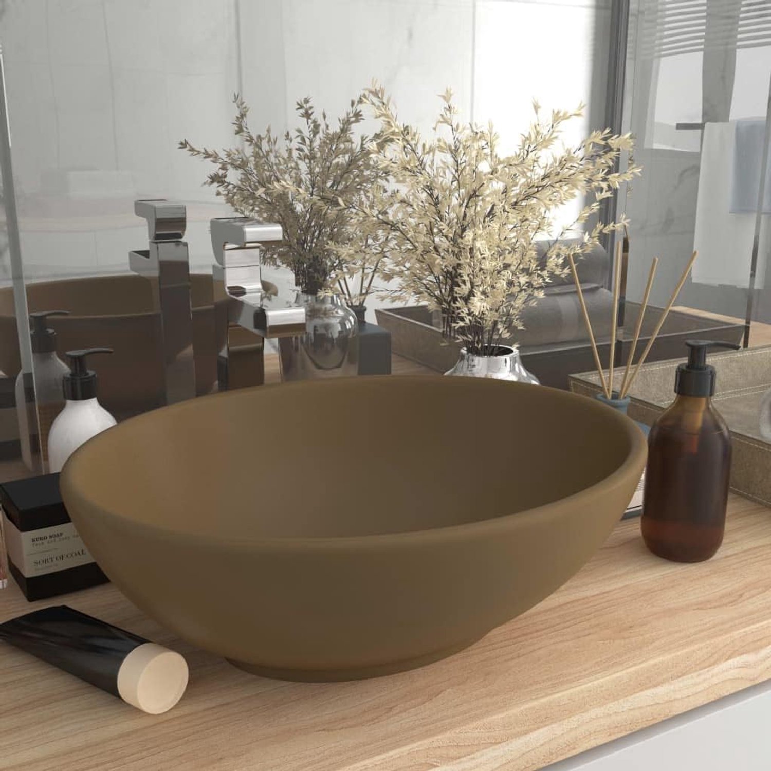Opzetwastafel van keramiek in mat crème 400 x 330 x 135 mm voor badkamer en gastentoilet