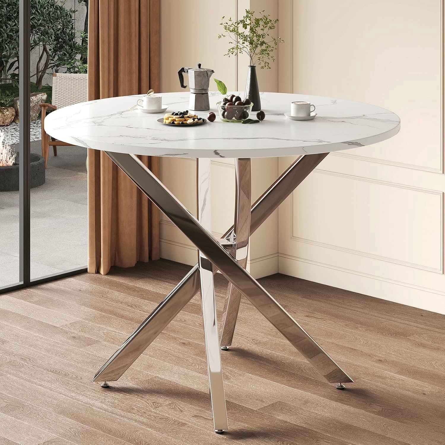 Rond 80 cm, wit marmerpatroon eettafel, 80 × 80 × 75 cm, zilver en