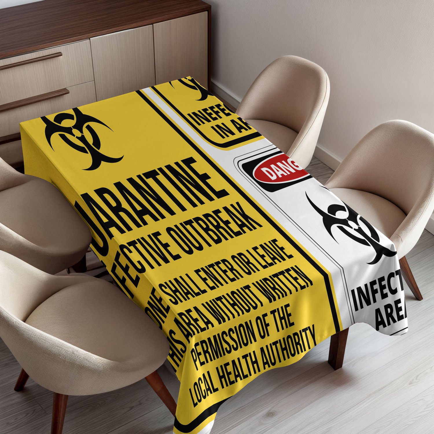 ABAKUHAUS Zombie Decor Tafelkleed, Gevaar Waarschuwingstekens Quarantaine Besmettelijk Gebied Biologische Illustratie, Rechthoekig Tafelkleed voor Eetkamer Keukendecoratie, 150 x 200 cm, Geel Zwart