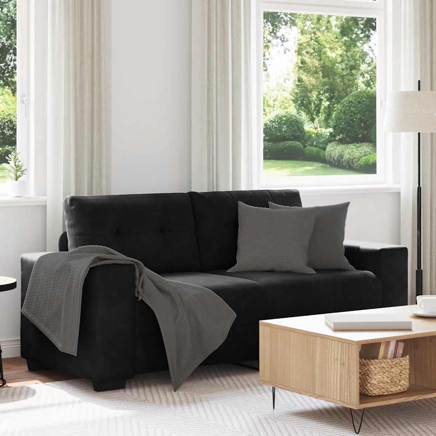Zwart, eigentijdse fluwelen bank voor woonkamer, ruime zitbank met houten frame, 140 cm, fluweel