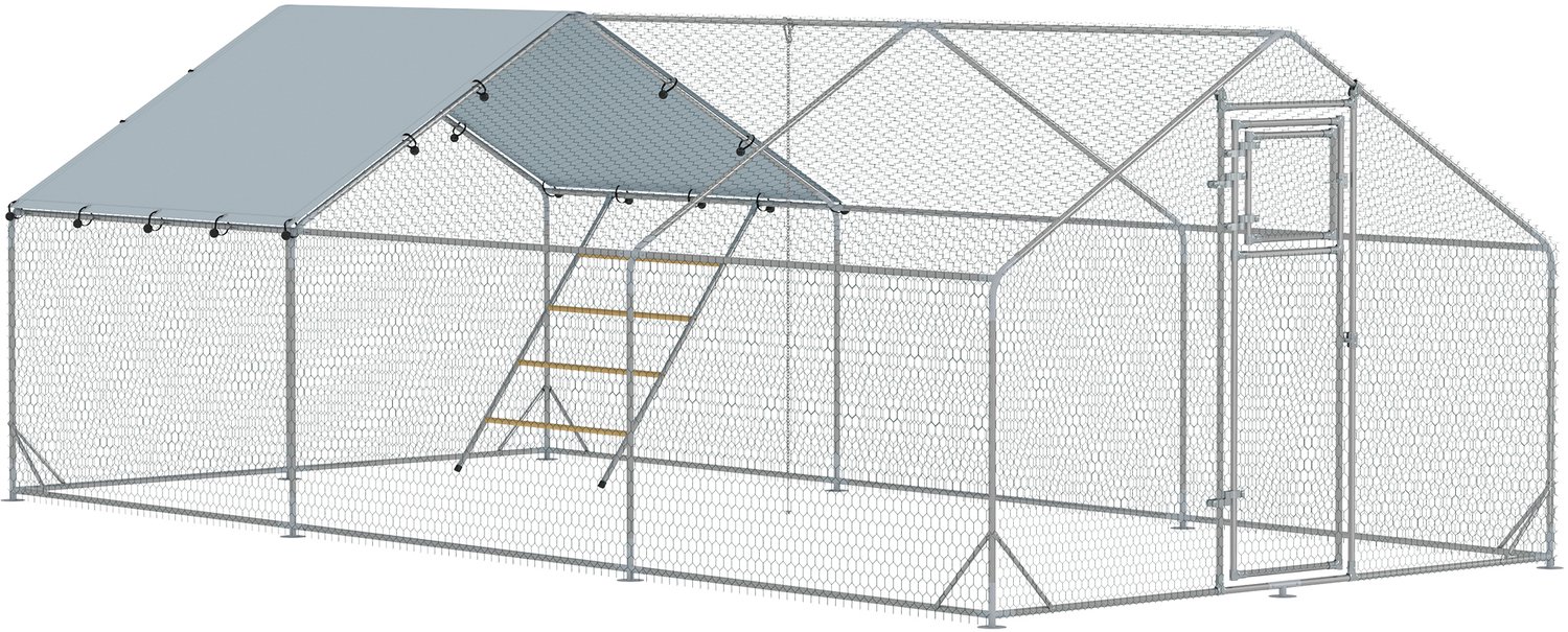 Pawona Kippenren - Met uv-bestendige afdekking, voederautomaat en zitstok - 300 x 600 x 195 cm - Zilver