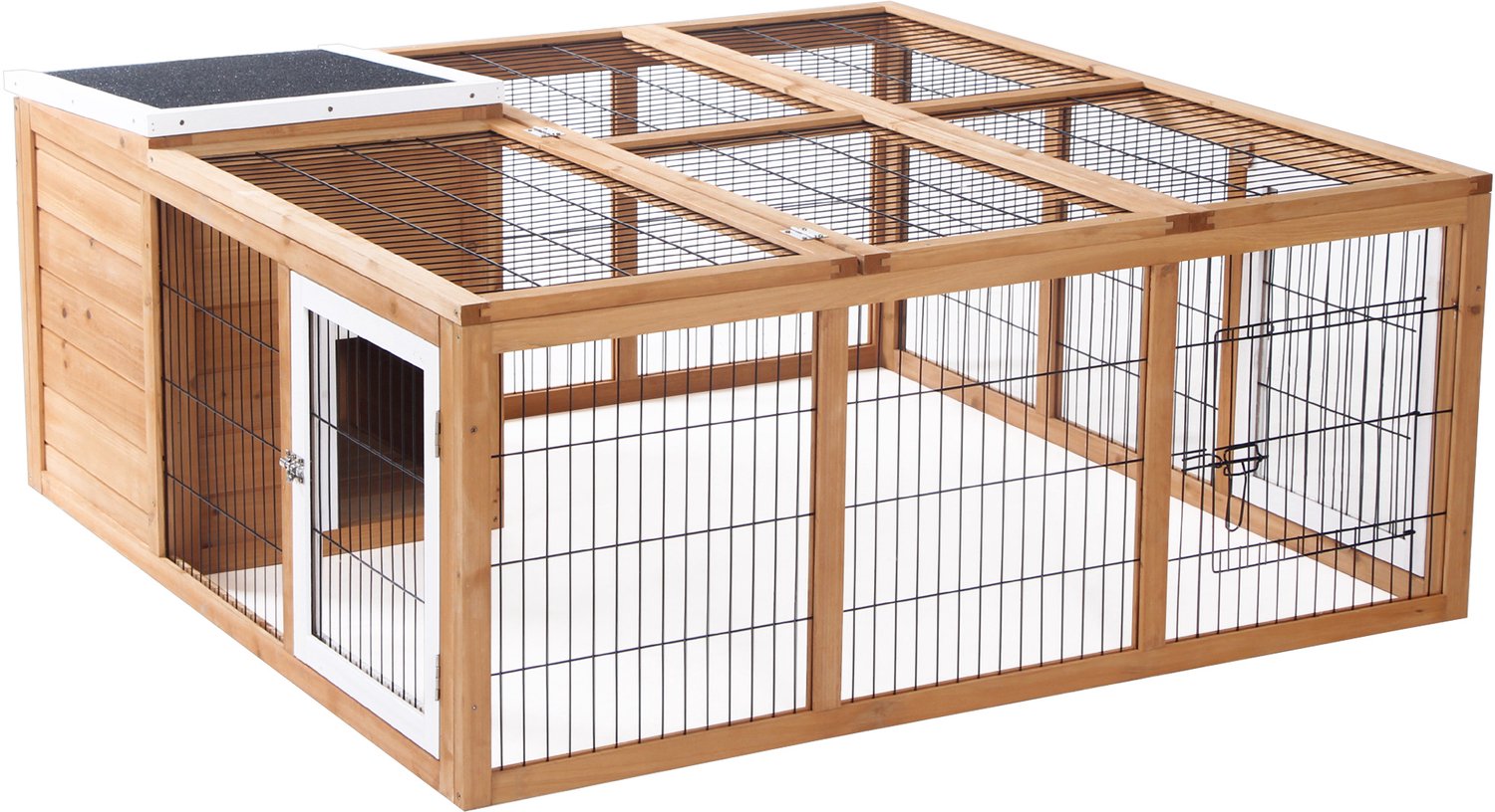 Pawona Kleintierstall met ren - Voor buiten en binnen - Tannenholz - 123 x 120 x 52 cm - Natuur