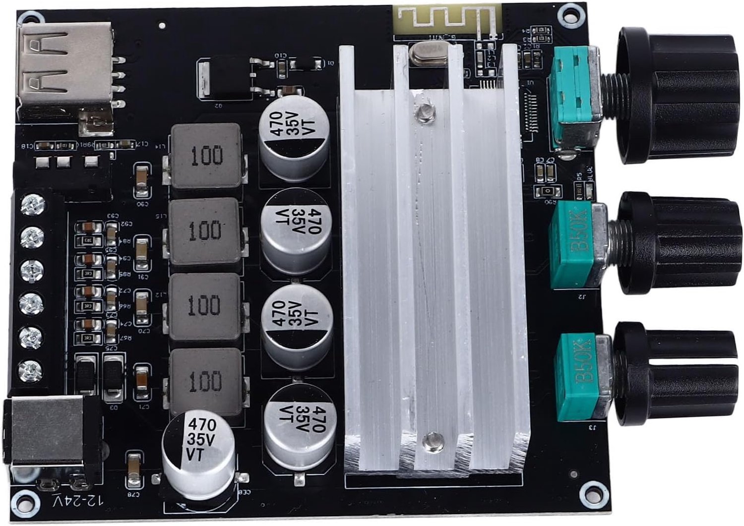 Eindversterkerkaart, 2x100W Tweekanaals Bluetooth 5 3 Stereoversterkermodule, Auto-audioversterker met USB AUX-ingang Bas-treble-regeling voor Auto-thuisbioscoop