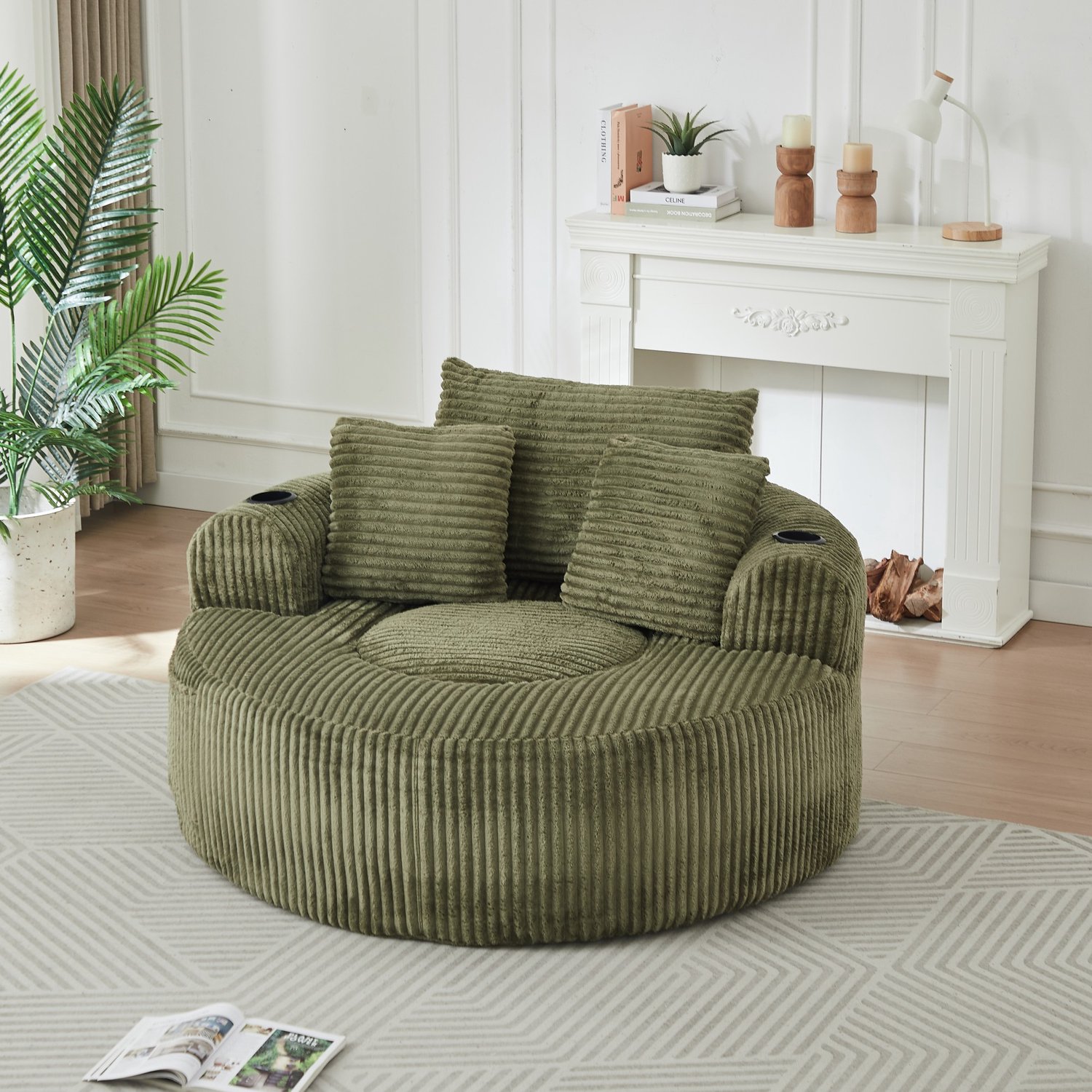 Sweiko Fauteuil - Ronde Zitzak - Eenzitsbankje - Corduroy - Met 3 kussens - 2 bekerhouders - Groen