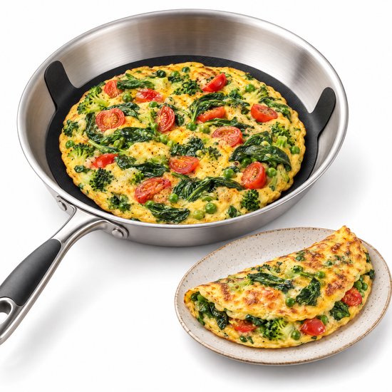 Een omelet met groenten in een pan met anti-aanbakfolie, en een opgevouwen omelet op een bord.