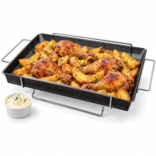 Zwarte ovenmand gevuld met kippenbouten en friet, naast een kommetje met saus.