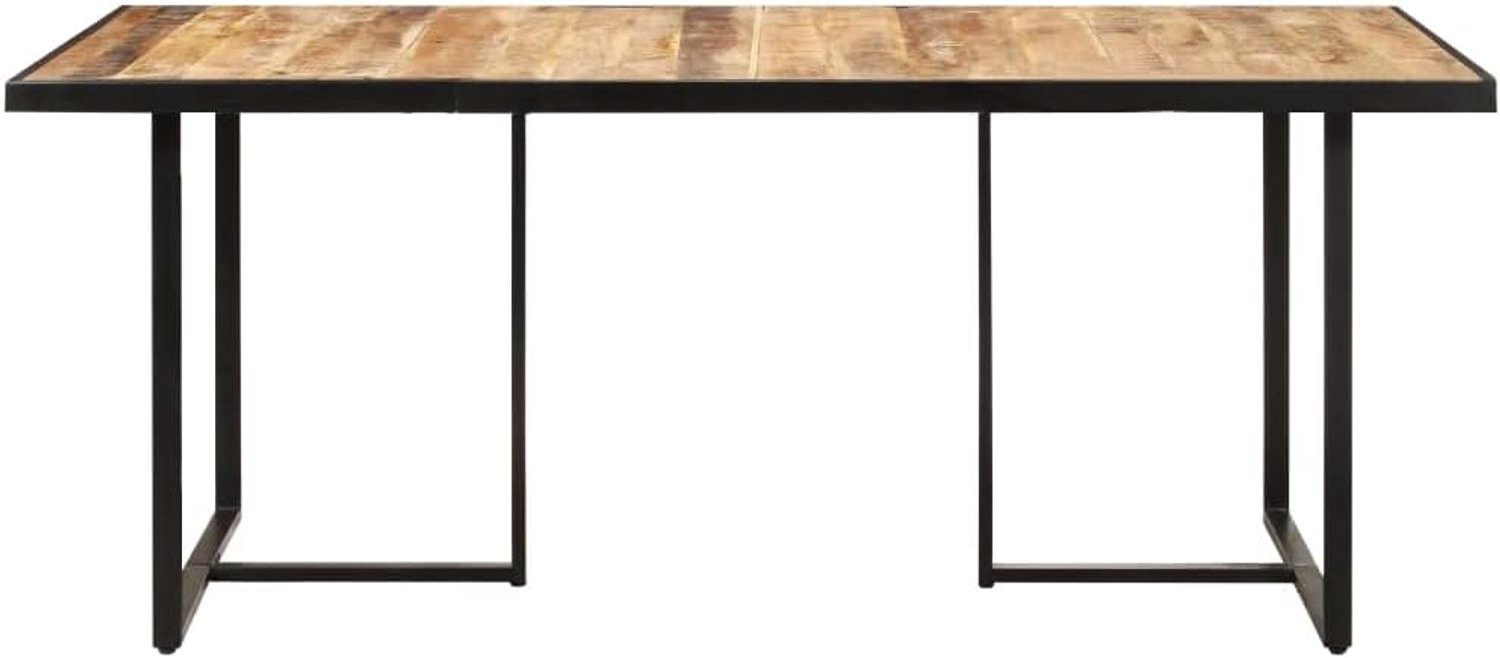 Eettafel van massief mangohout, 160 cm, met ruwe houtnerf en gepoedercoate ijzeren poten voor stabiliteit.