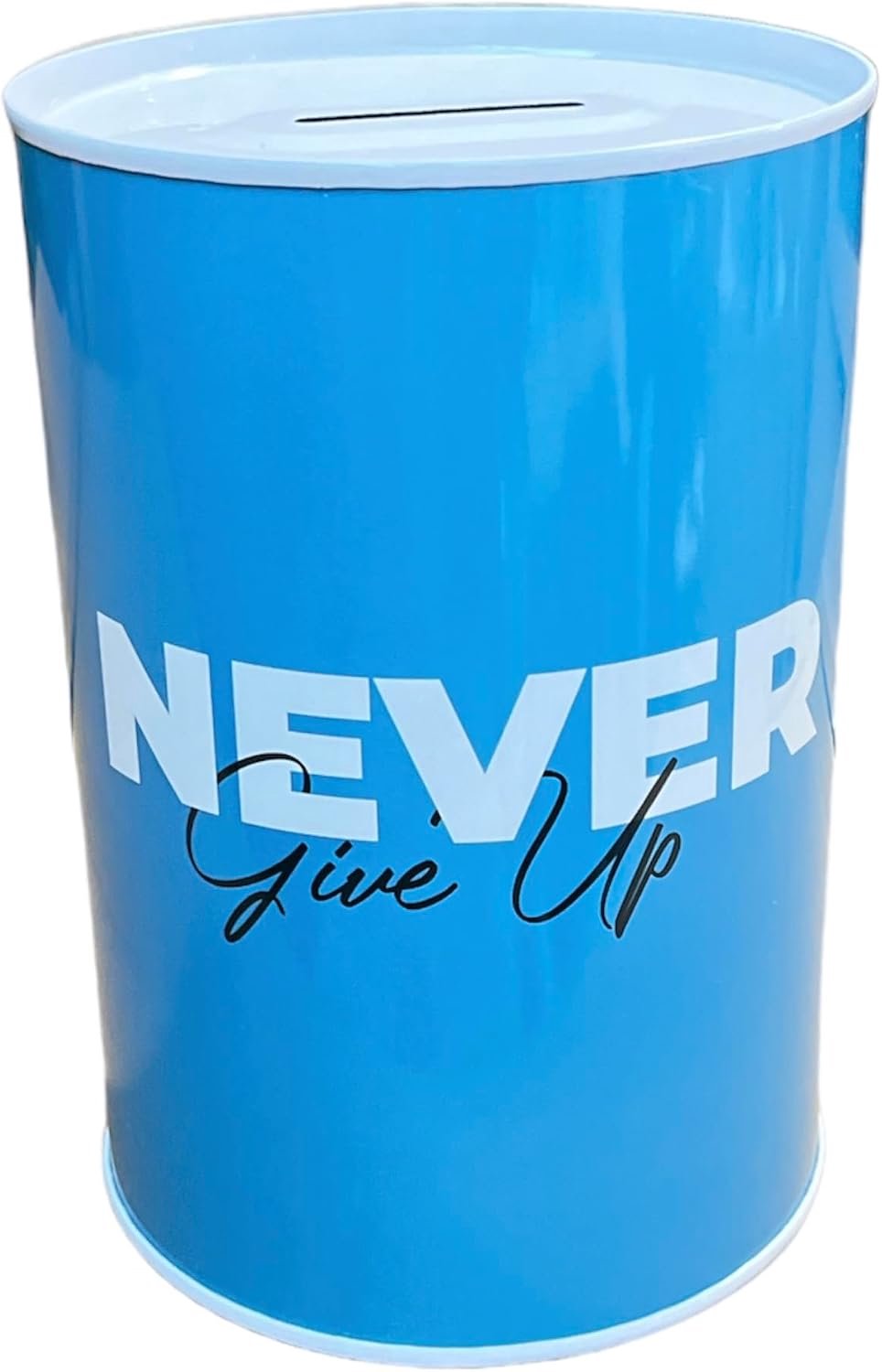 Spaarpot pot boodschap positieve zinnen kinderen en volwassenen liefde dromen dieet reizen werk originele spaarpot cadeau (10 x 15 cm, Never Give Up Blue)