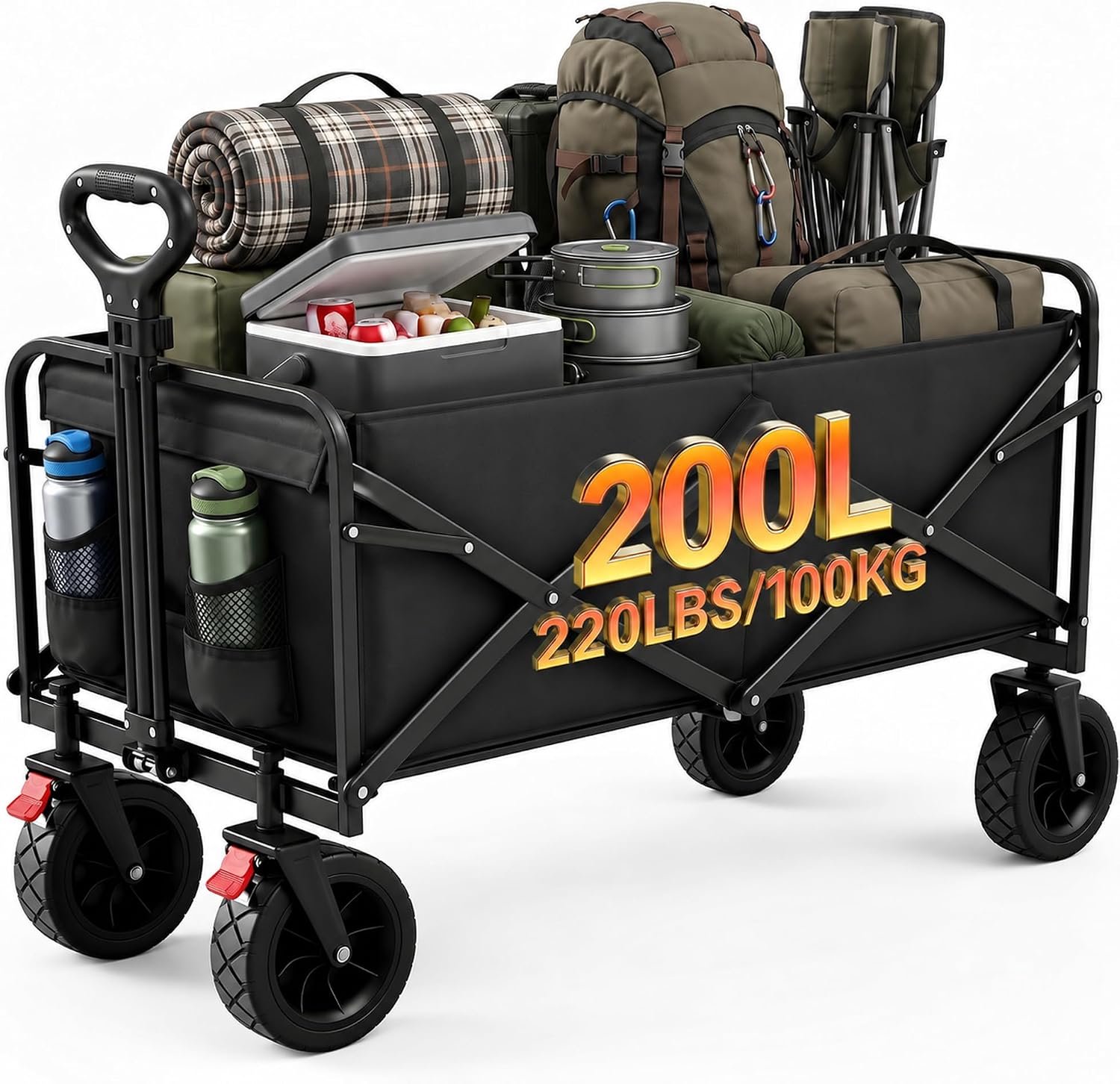 Opvouwbaar, 150 liter, transportwagen met wielen, zware belasting, campingwagen voor festival, strand, tuin en winkelen