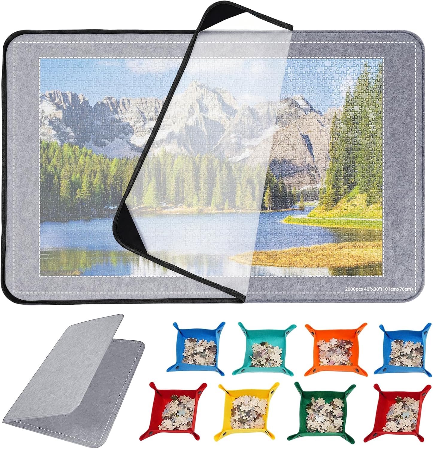 Puzzletafel 2000 stukjes met afdekking, opvouwbaar puzzelbord, puzzel-accessoires 105 x 80 cm, superlicht vilt puzzelbord met 8 sorteervakken en 1 afdekking, draagbare puzzelplaat, donkergrijs