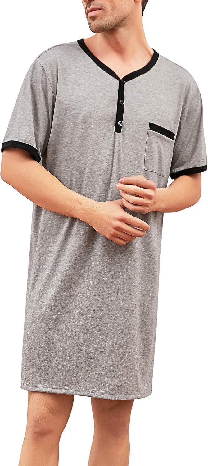 Pyjamatops voor heren, zacht ademend nachthemd, knielengte, nachthemden, korte mouwen, nachtkleding, loungewear