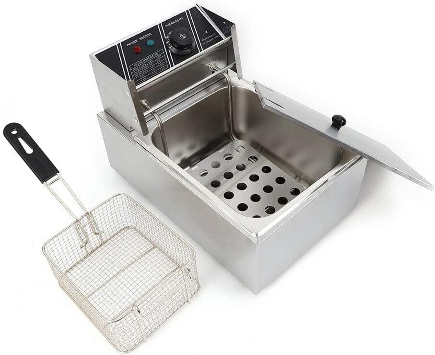 Commerciële friteuse, 6 l, roestvrij staal, 2500 W, professionele koude zone-friteuse met één tank, commerciële friteuse met mand en temperatuurregeling
