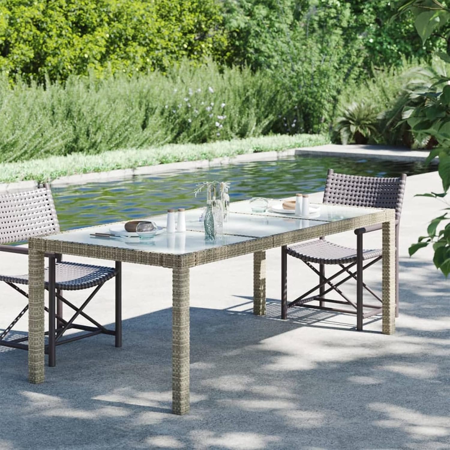 Klaptafel, tuin, balkontafel, tuintafel, balkonmeubel, tafel inklapbaar, beige, 190 x 90 x 75 cm, gehard glas en polyrotan