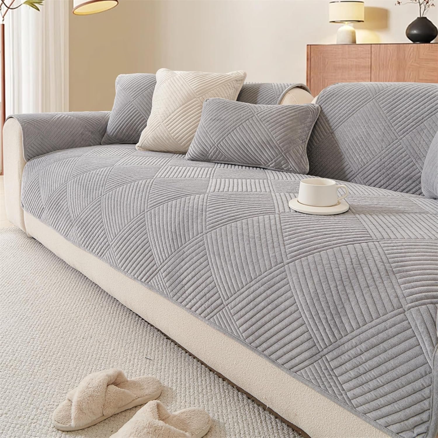 Bankhoes - Antislip Bankovertrek - Bankbeschermer - Korte Pluche Sofa Beschermer - Universeel - Voor 1-2-3 Zitsbank - Per Stuk - Lichtgrijs - 70 x 70 cm
