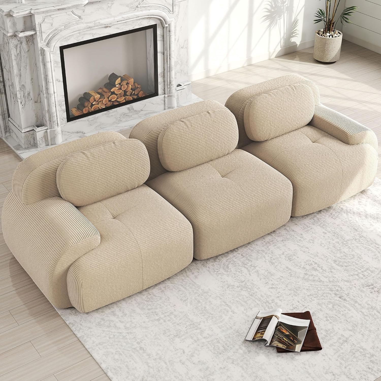 3-zitsbank van premium corduroy, modulaire frameloze loungebank met 32D koudschuim, ergonomische armleuningen en antislip onderkant, montagevrije bank voor woonkamer en slaapkamer, beige