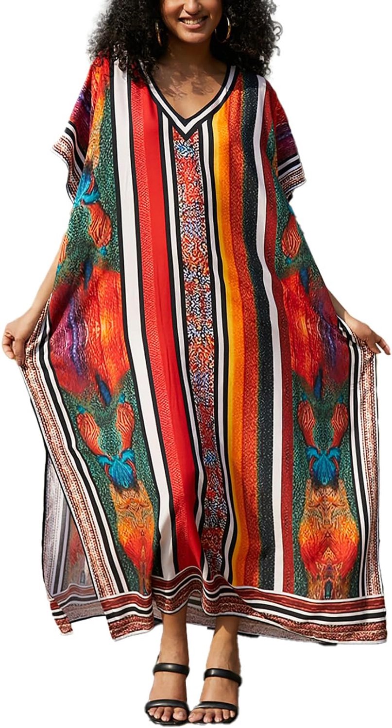 Kaftan voor dames met bloemenprint, lange jurk, strandjurk, pareo, cover-ups, eenheidsmaat