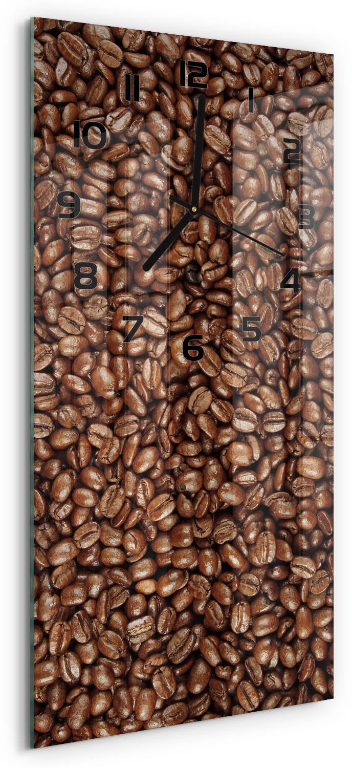 Tulup Wandklok - Koffiebonen Glazen Klok Met Print - 30x60 cm - Bruin Wandklok Glas Met Motief - Zwarte handen - Rechthoekige Klok - Wandklok Glas Decoratie - Gekleurde Glazen Klok