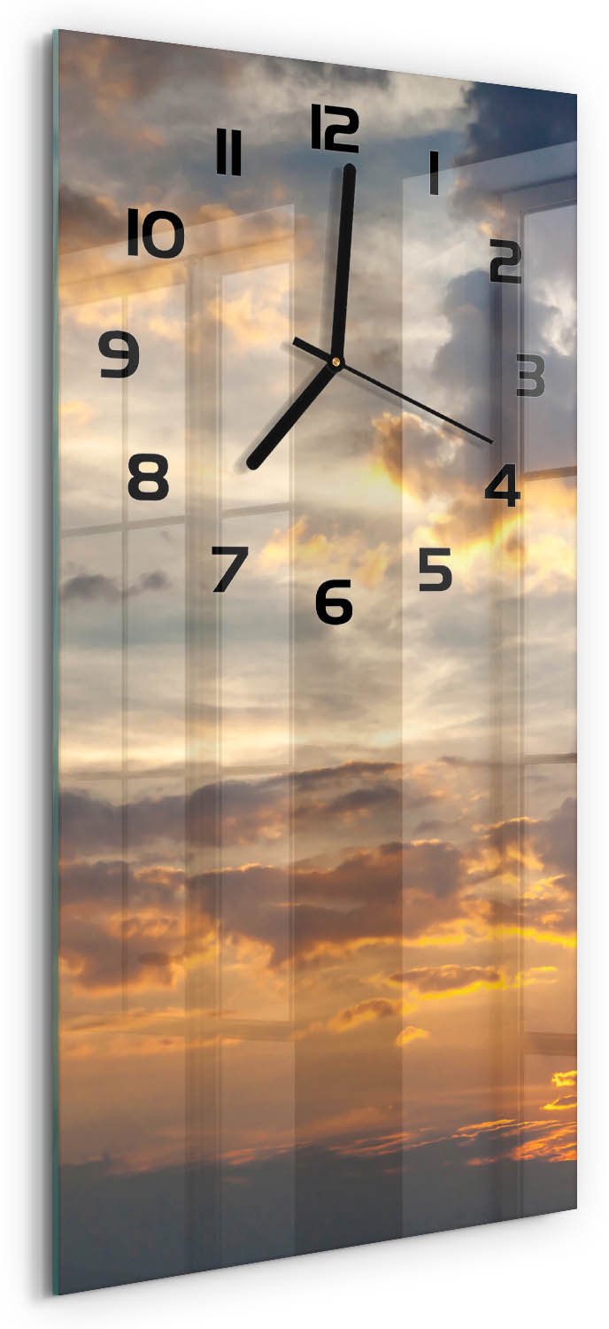 Tulup Wandklok - Zonsondergang Glazen Klok Met Print - 30x60 cm - Oranje Wandklok Glas Met Motief - Zwarte handen - Rechthoekige Klok - Wandklok Glas Decoratie - Gekleurde Glazen Klok