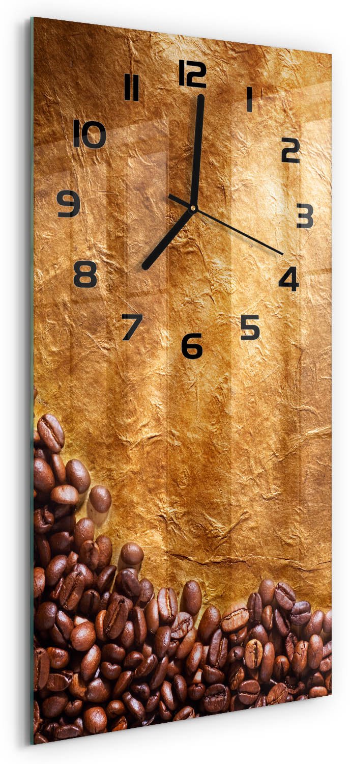 Tulup Wandklok - Koffiebonen Klok Glas Met Opdruk - 30x60 cm - Bruin Moderne Wandklok Glas - Zwarte handen - Rechthoekige Klok - Decoratieve Glazen Klok - Glazen Wandklok Design
