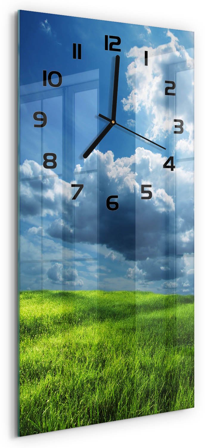 Tulup Wandklok - Wolken boven het veld Moderne Wandklok Glas - 30x60 cm - Groente Wandklok Glas Decoratie - Zwarte handen - Rechthoekige Klok - Glazen Wandklok Design - Klok Glas Met Opdruk