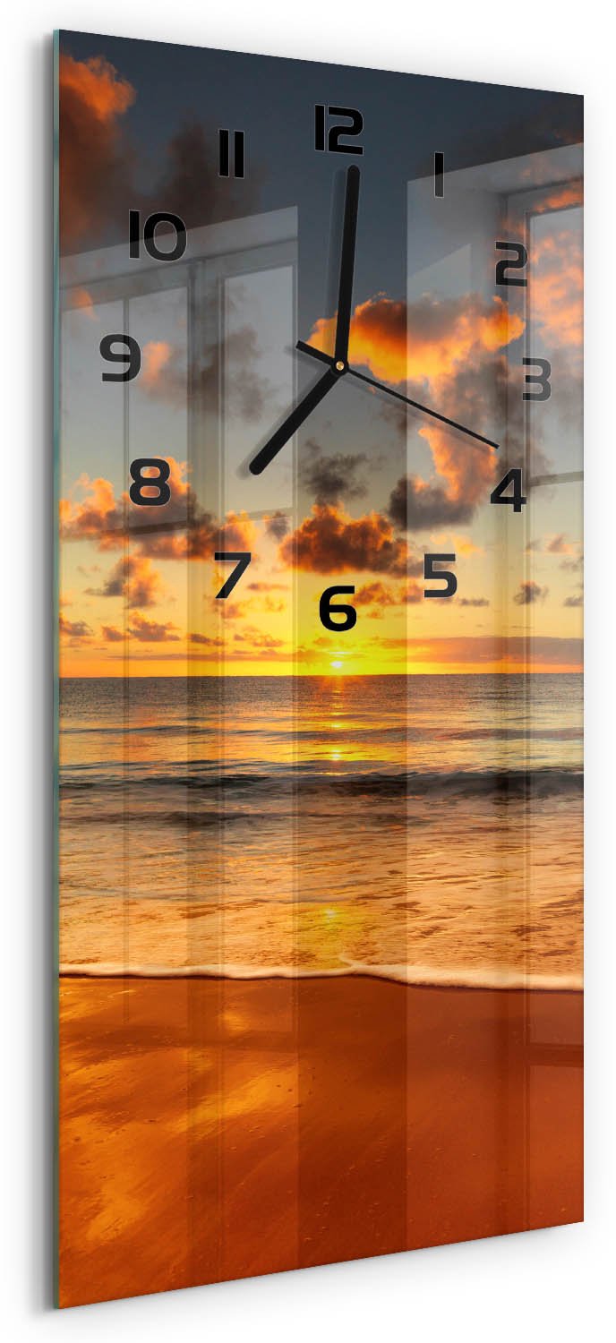 Tulup Wandklok - Australisch strand Glazen Klok Met Print - 30x60 cm - Oranje Wandklok Glas Met Motief - Zwarte handen - Rechthoekige Klok - Wandklok Glas Decoratie - Gekleurde Glazen Klok