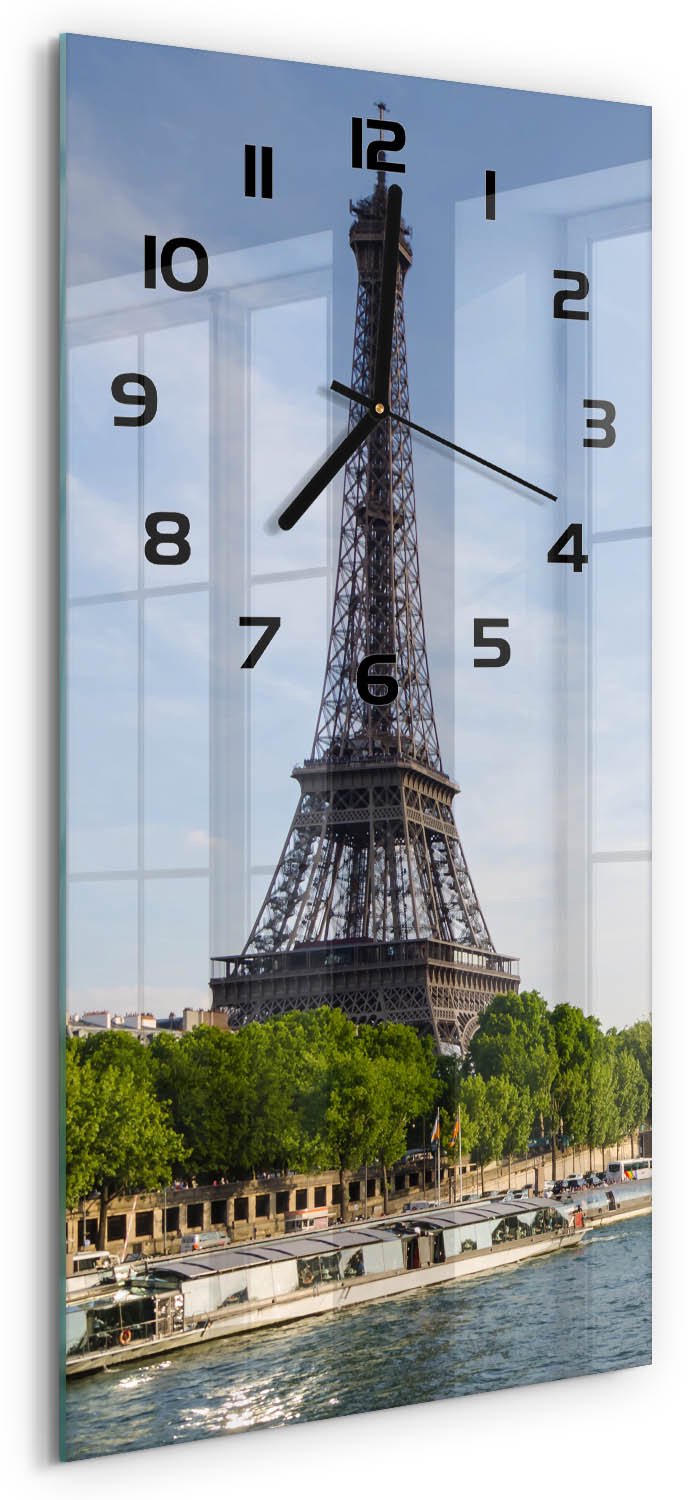 Tulup Wandklok - Eiffeltoren Parijs Glazen Klok Met Print - 30x60 cm - Blauw Wandklok Glas Met Motief - Zwarte handen - Rechthoekige Klok - Wandklok Glas Decoratie - Gekleurde Glazen Klok