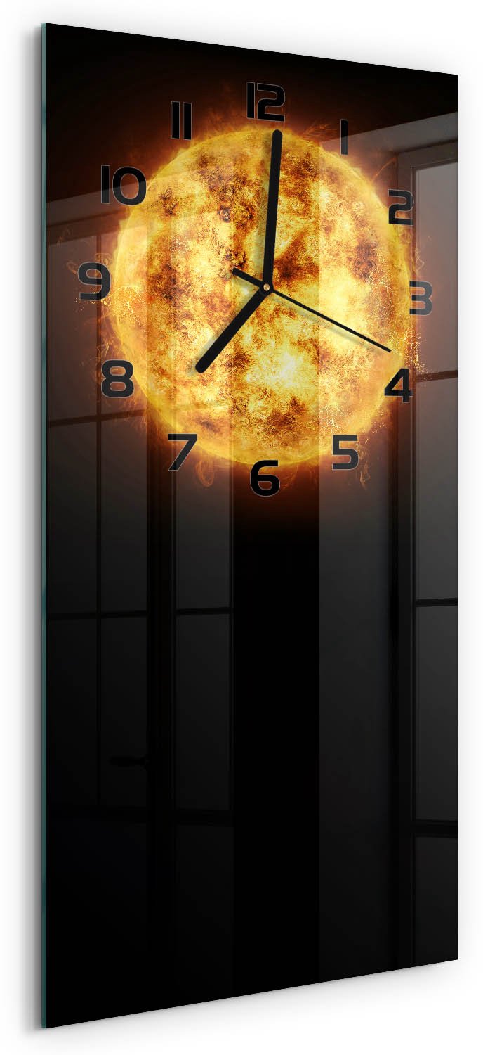 Tulup Wandklok - Zonnig Klok Glas Met Opdruk - 30x60 cm - Oranje Moderne Wandklok Glas - Zwarte handen - Rechthoekige Klok - Decoratieve Glazen Klok - Glazen Wandklok Design