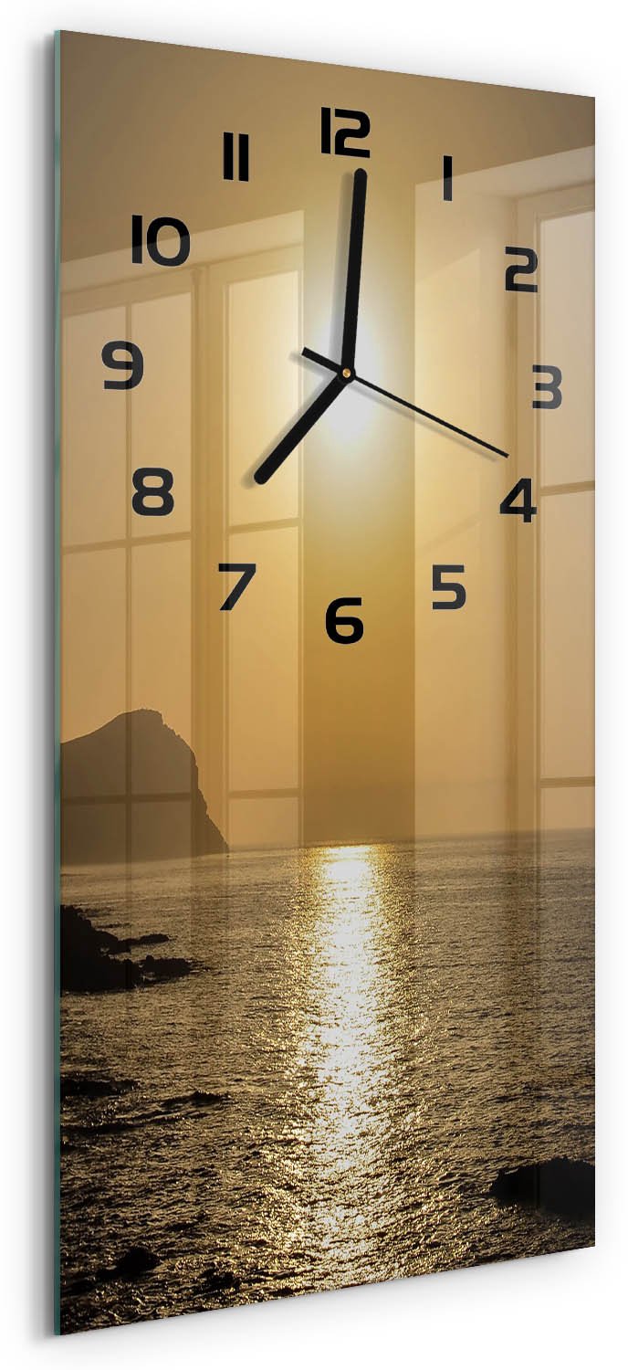 Tulup Wandklok - Zonsondergang Zee Klok Glas Met Opdruk - 30x60 cm - Geel Moderne Wandklok Glas - Zwarte handen - Rechthoekige Klok - Decoratieve Glazen Klok - Glazen Wandklok Design