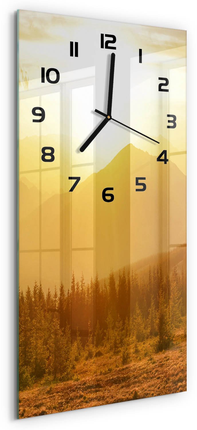 Tulup Wandklok - Bergen bij zonsondergang Wandklok Glas Decoratie - 30x60 cm - Geel Gekleurde Glazen Klok - Zwarte handen - Rechthoekige Klok - Klok Glas Met Opdruk - Moderne Wandklok Glas