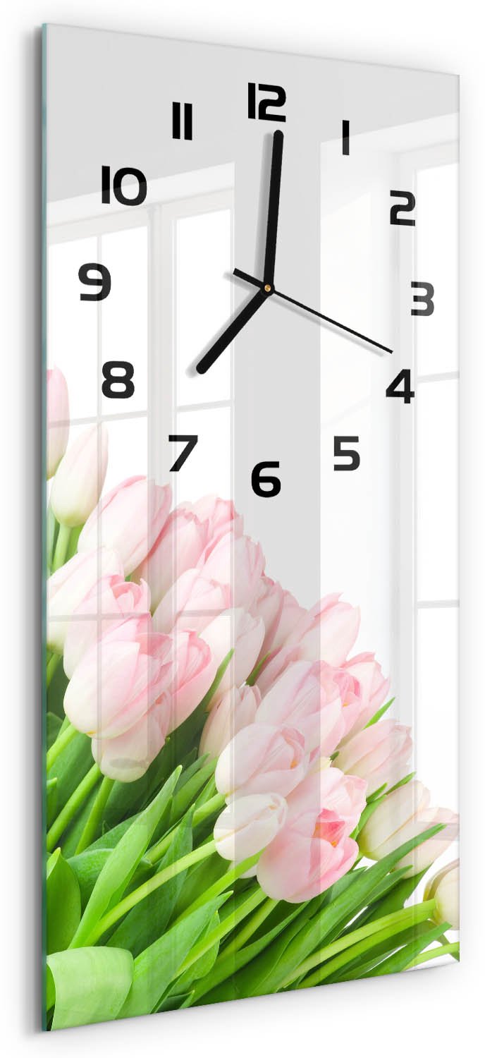 Tulup Wandklok - Roze tulpen Decoratieve Glazen Klok - 30x60 cm - Groente Glazen Wandklok Design - Zwarte handen - Rechthoekige Klok - Glazen Klok Met Print - Wandklok Glas Met Motief