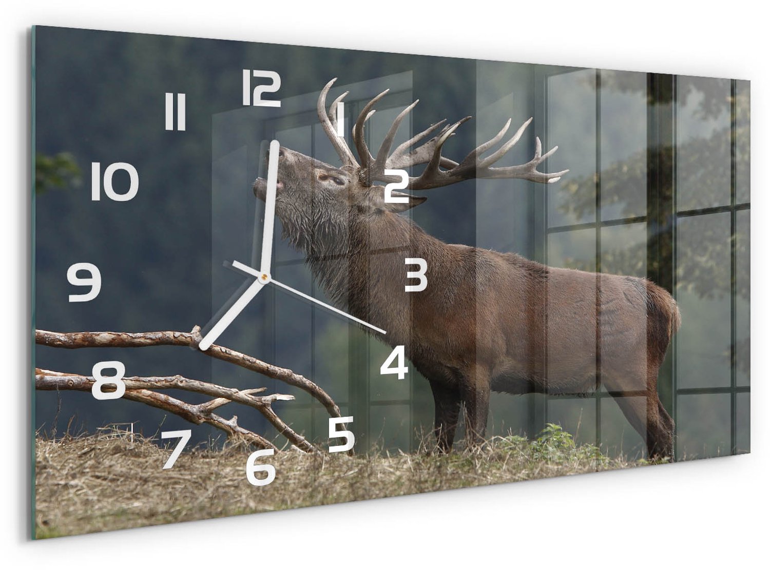TULUP Wandklok - Hert op de heuvel Decoratieve Glazen Klok - 60x30 cm - Bruin Glazen Wandklok Design - Witte handen - Rechthoekige Klok - Glazen Klok Met Print - Wandklok Glas Met Motief