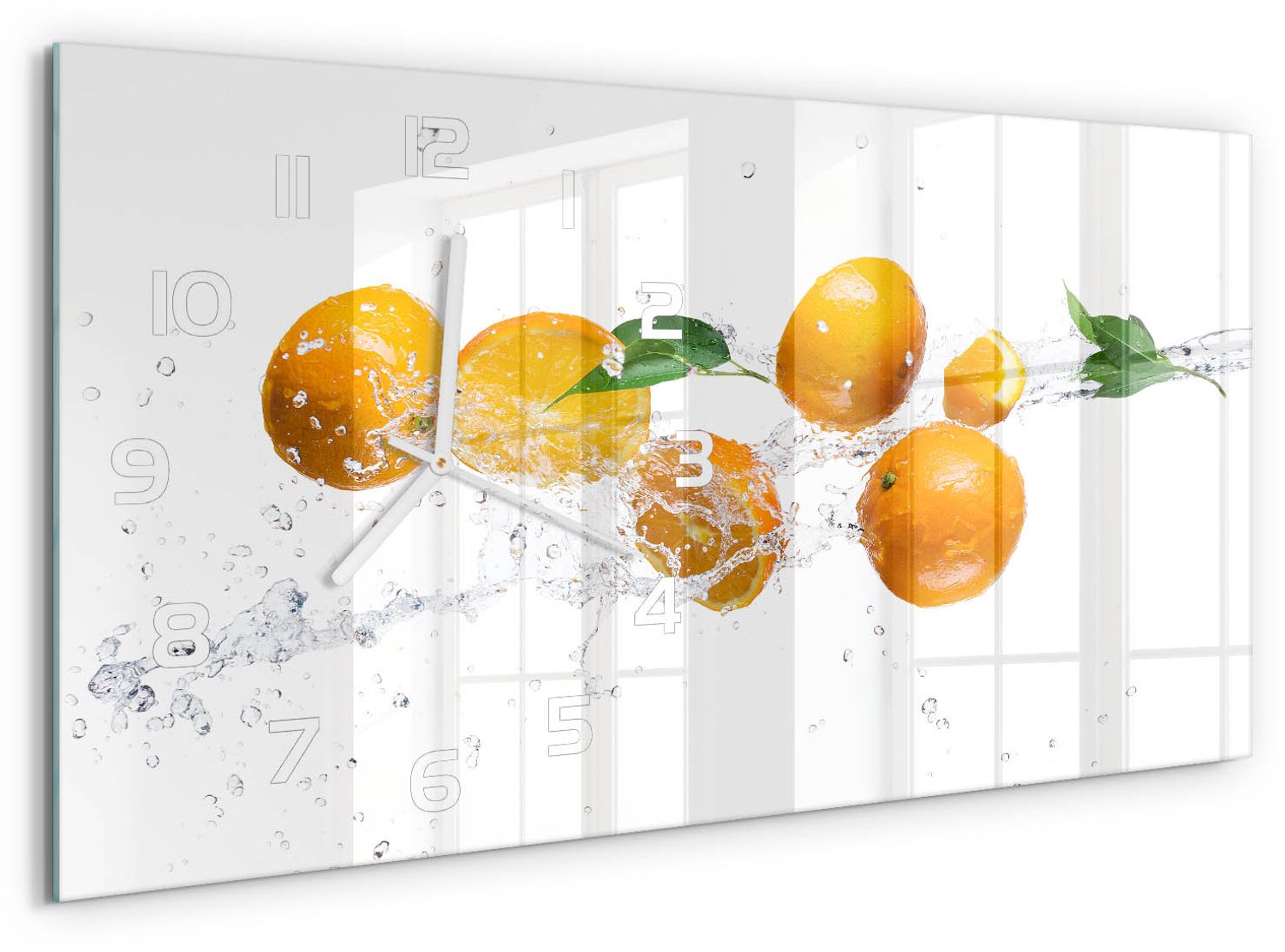 TULUP Wandklok - Sinaasappels en water Gekleurde Glazen Klok - 60x30 cm - Geel Glazen Klok Met Print - Witte handen - Rechthoekige Klok - Moderne Wandklok Glas - Wandklok Glas Decoratie