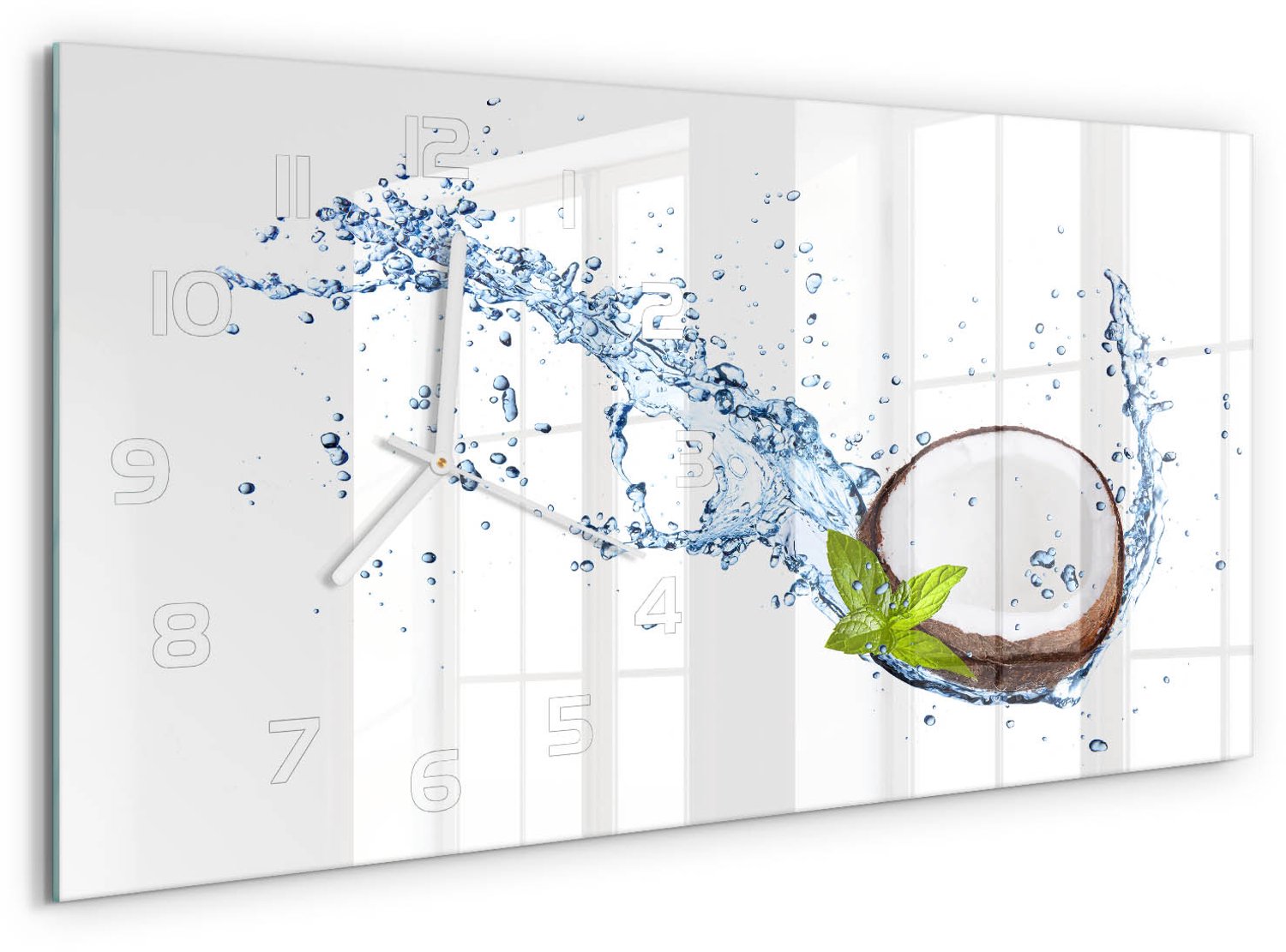TULUP Wandklok - Kokosnoot en water Moderne Wandklok Glas - 60x30 cm - Bruin Wandklok Glas Decoratie - Witte handen - Rechthoekige Klok - Glazen Wandklok Design - Klok Glas Met Opdruk