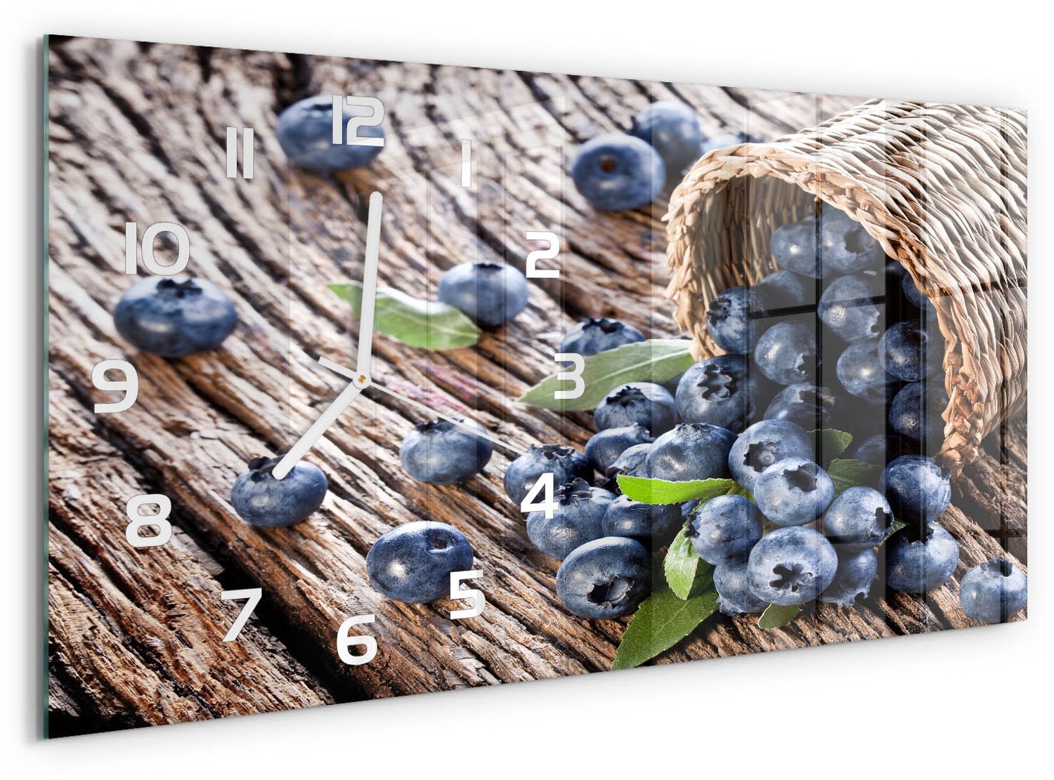 TULUP Wandklok - Bosbessen in een mand Decoratieve Glazen Klok - 60x30 cm - Blauw Glazen Wandklok Design - Witte handen - Rechthoekige Klok - Glazen Klok Met Print - Wandklok Glas Met Motief
